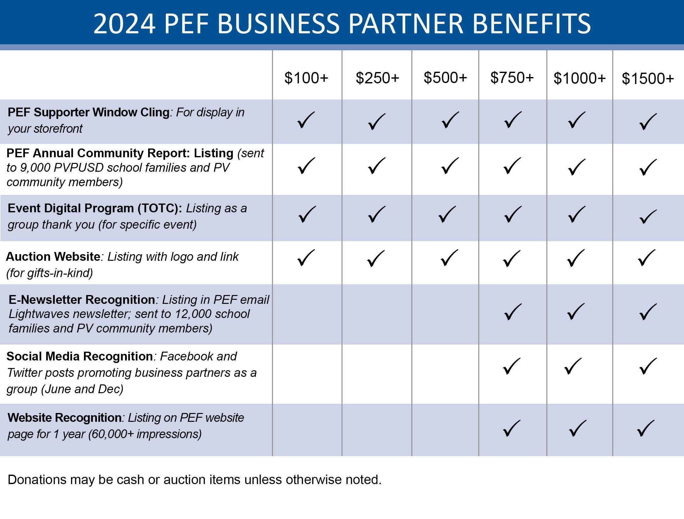 Benefits chart for PEF Business Partners
