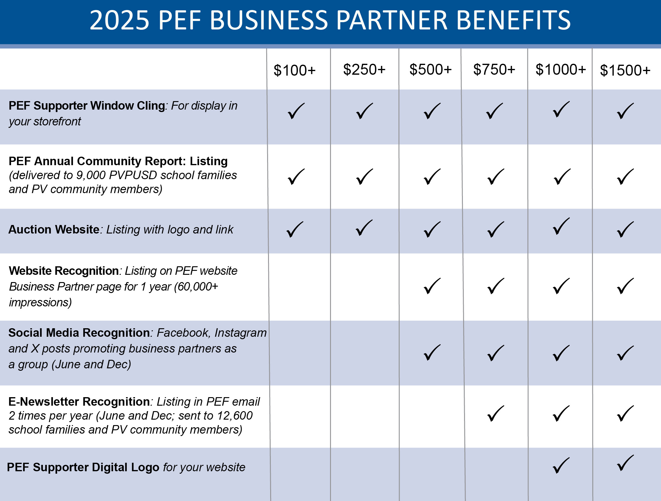 Benefits chart for PEF Business Partners